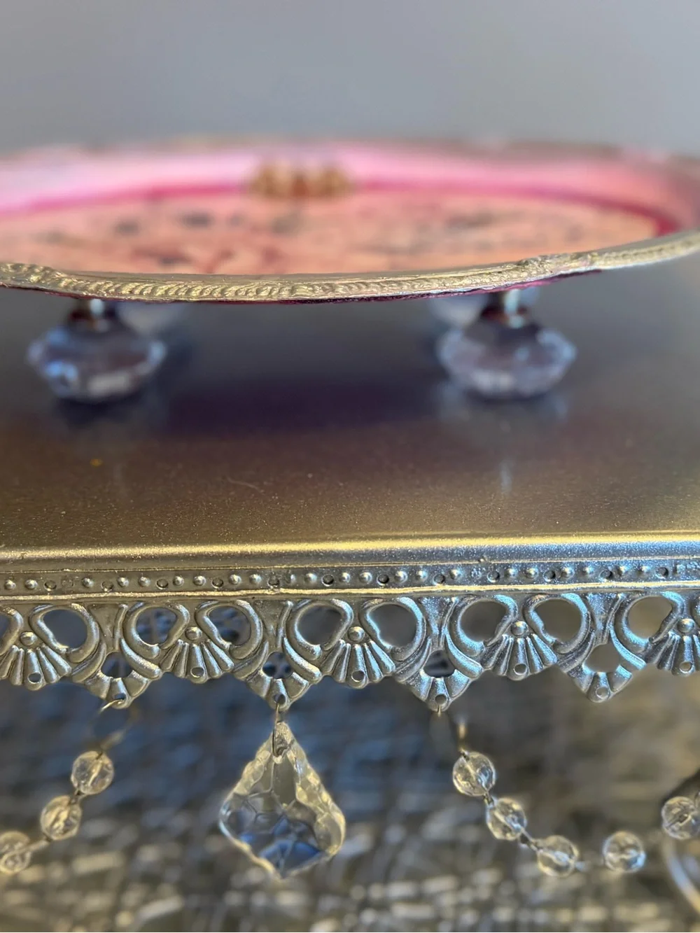 Pink Floral Oval Decorative Tray with Silver Border